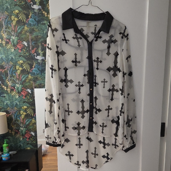 Mona B Tops - Sheer Black and White Cross Blouse